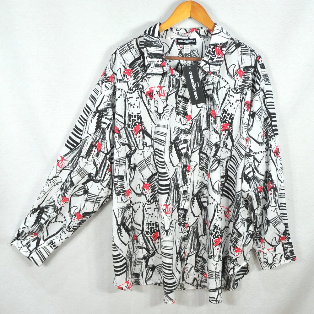Karl Lagerfeld Womens Shirt 2X Oversized Paris Fashion Multicolor Top Blouse